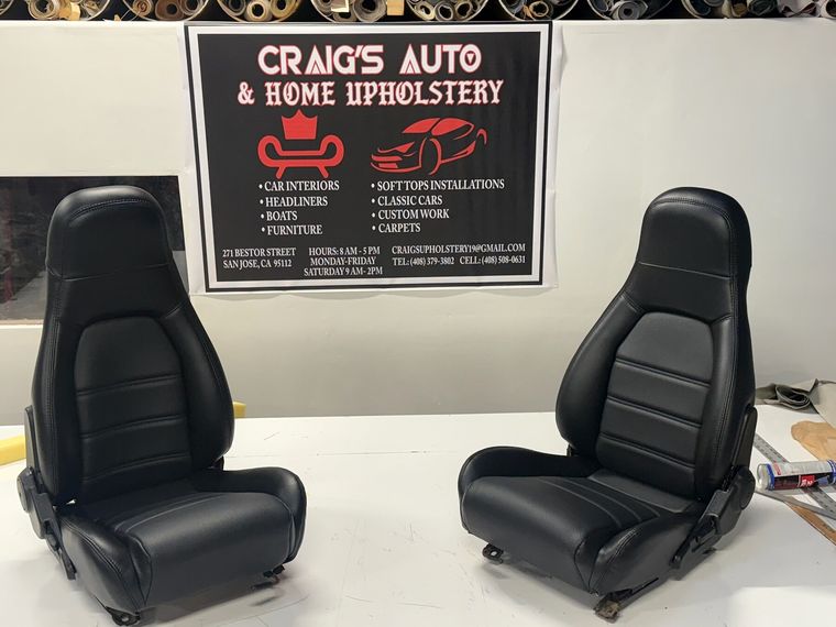 Black leather seats after reupholstery.