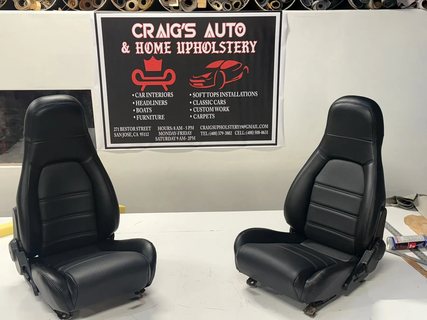 Black leather seats after reupholstery.