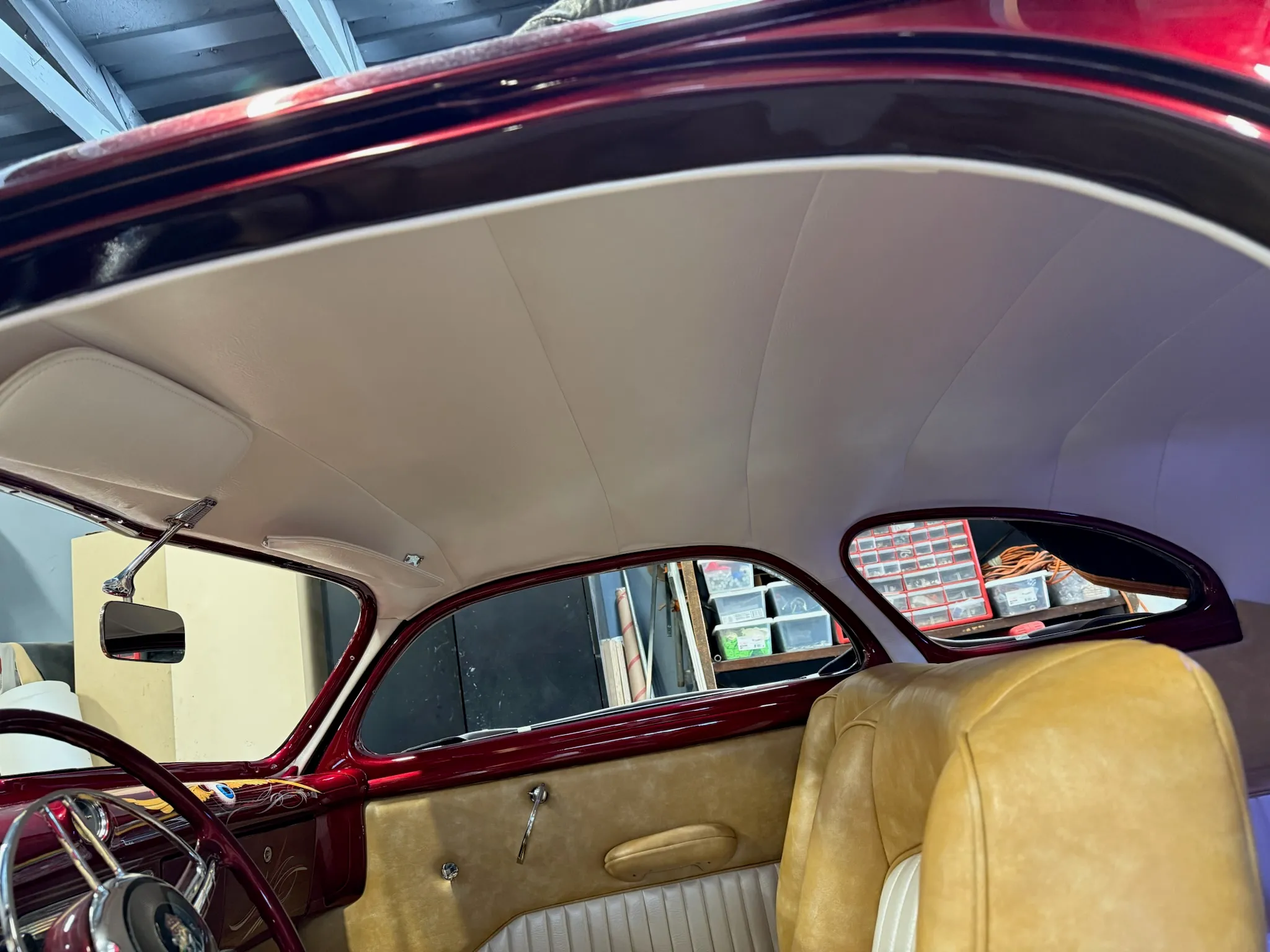 Buick Eight headliner and window surrounds with clean white finish.