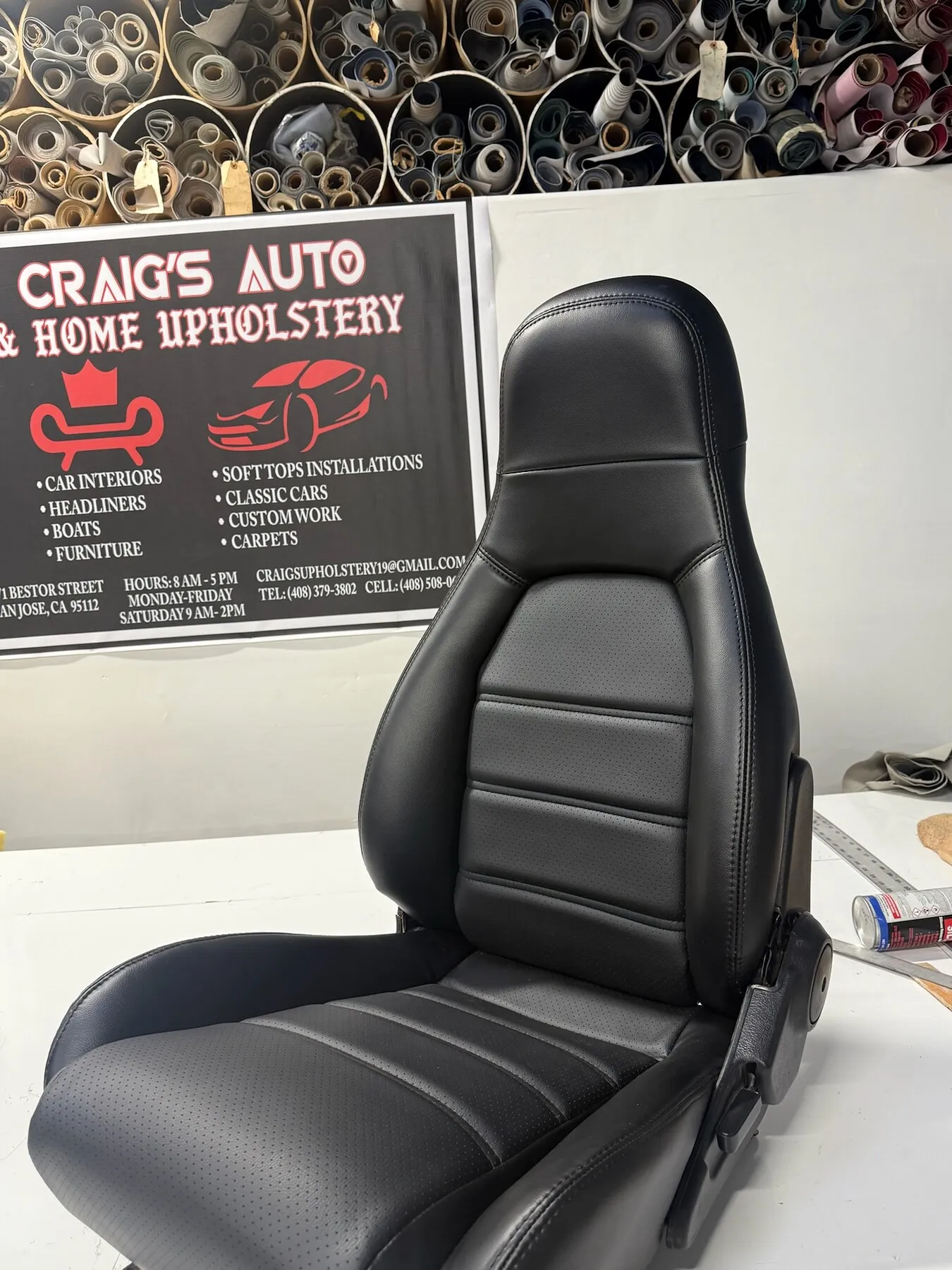 Single cloth bucket seat after reupholstery.