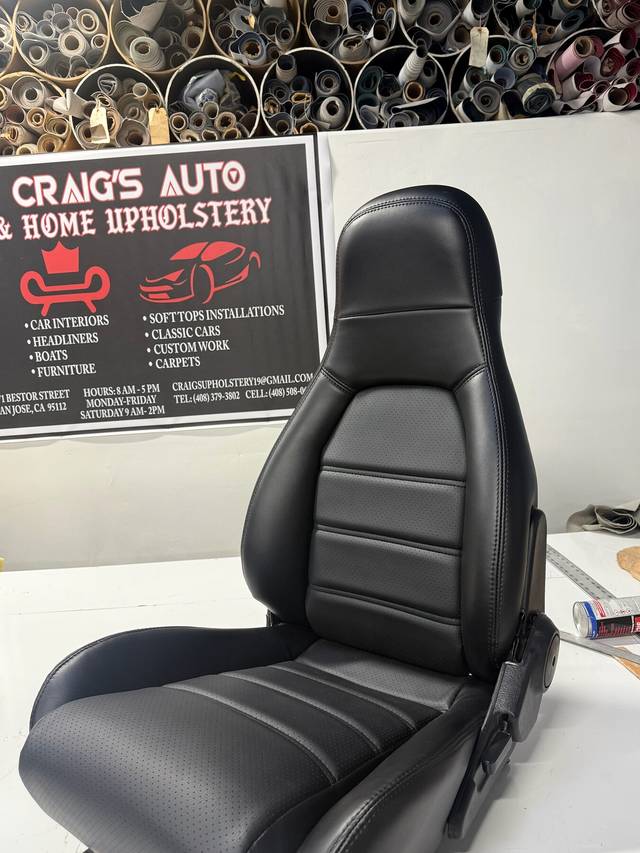 Single cloth bucket seat after reupholstery.